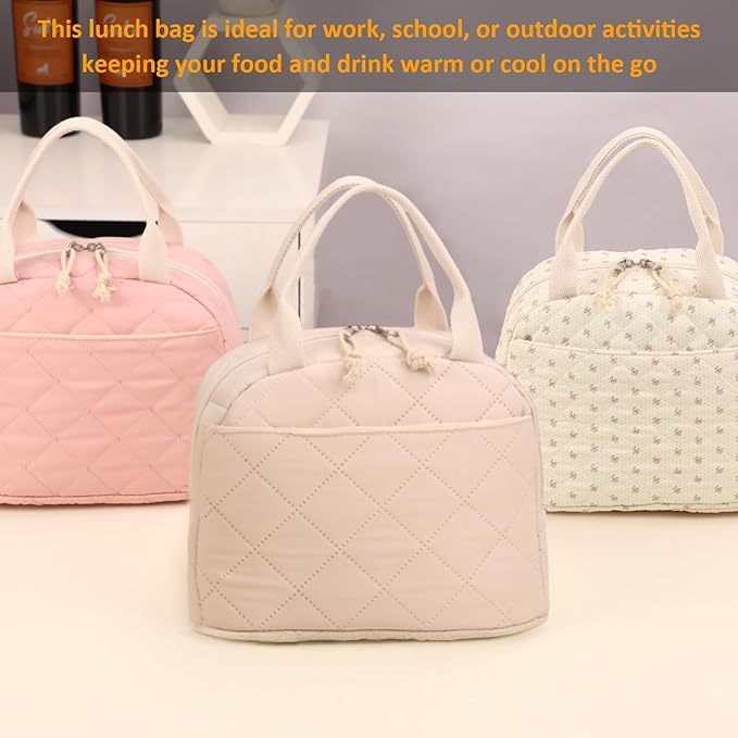 Lunch Bag, Quilted Pure Beige, Insulated Thermal Tote with Pocket, Large Capacity Reusable Cooler for Work or Travel, 8.5L