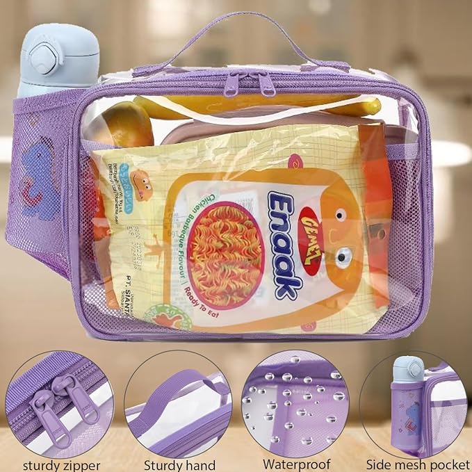 Insulated Lunch Box for School, Thermal Reusable Durable Freezable Lunch Bags for Kids Boys Girls Men Women - Small Soft Cooler Portable Lunch Tote Kit for Work Picnic Travel,Clear Purple