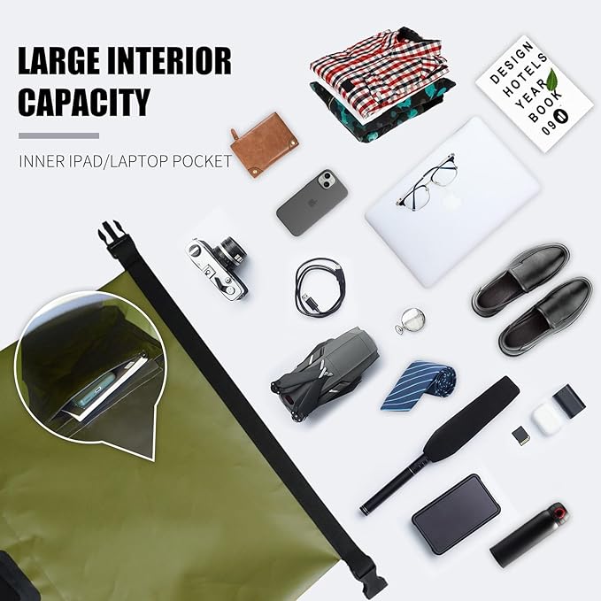 SEPEAK 35L Waterproof Dry Bag Backpack IPX6, Roll-Top Closure Bag Boating & Kayak Accessories - Essentials for Camping Swimming Beach Fishing Rafting Travel,Green