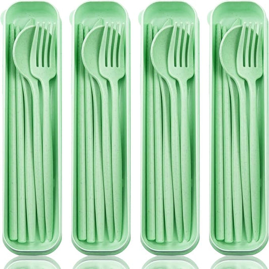 ELANE 4 Sets Reusable Travel Utensils Set with Case,Camping Cutlery Set Reusable Cutlery Set with Case,Utensil Sets for Lunch Picnic Daily Use Outdoor (lightgreen)