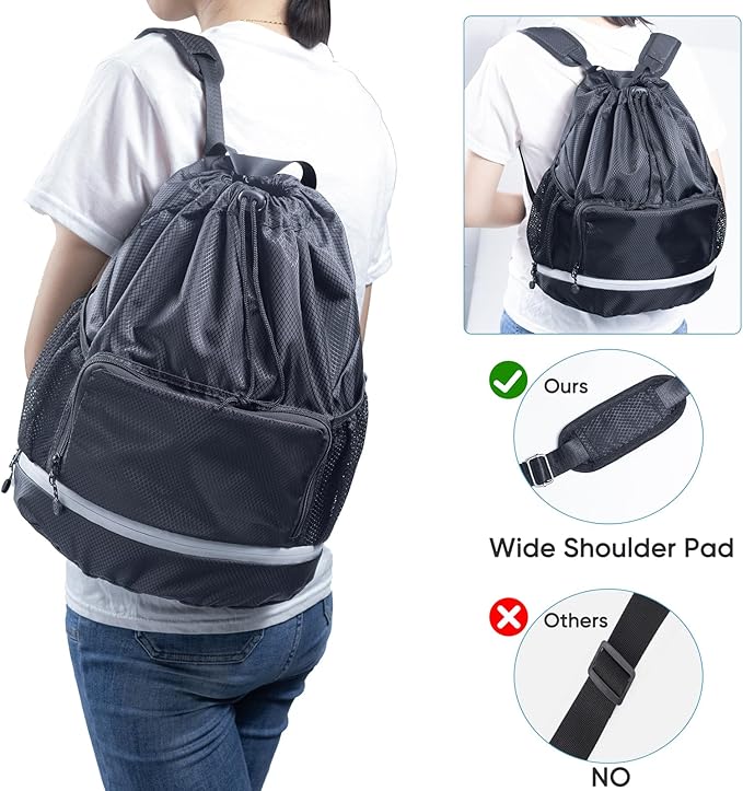 Swim Beach Sports Drawstring Backpack - Gym Bag with Shoes Compartment and Waterproof Pocket for Gym Accessories, Swim Essentials - Kids Mens Beach Workout Bag
