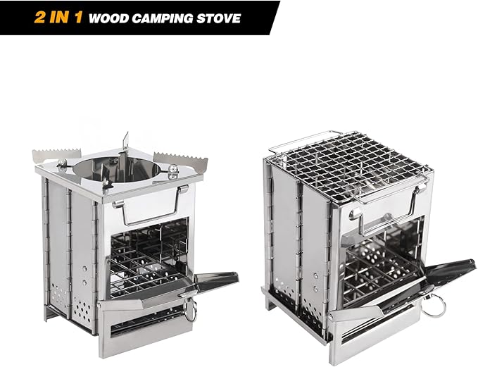 REDCAMP Wood Burning Folding Camp Stove Stainless Steel Grid and Pot Stand, Portable Collapsible Backpacking Stove Survival Rocket Stove for Hiking Outdoor Tent Camping Picnic, Samll with Pot Stand