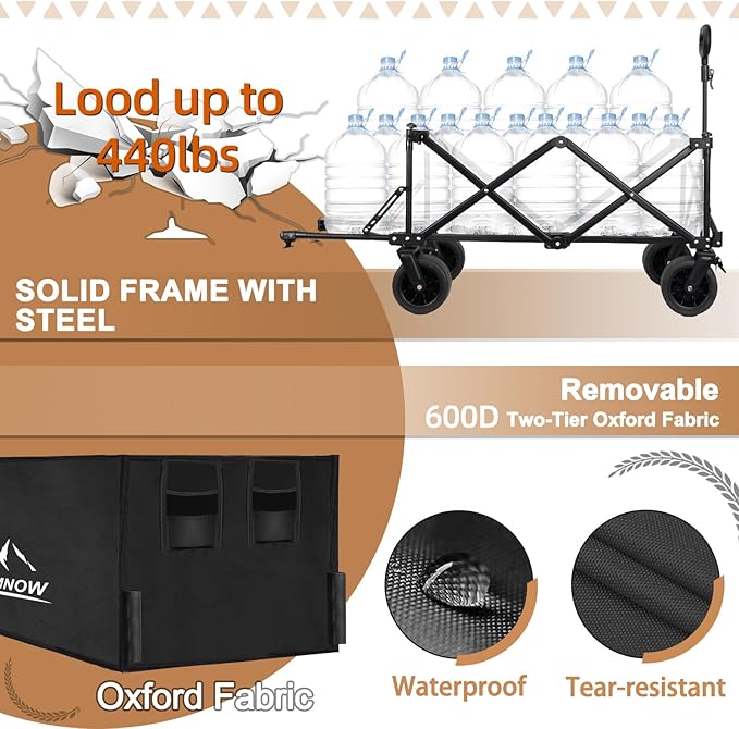 Collapsible Beach Wagon Cart with Big Wheels, 440LBS Upgrade Large Capacity Folding Wagon, Foldable Grocery Cart with Side Pocket and Brakes, Ideal for Sand Camping Outdoor Garden Sports, Black