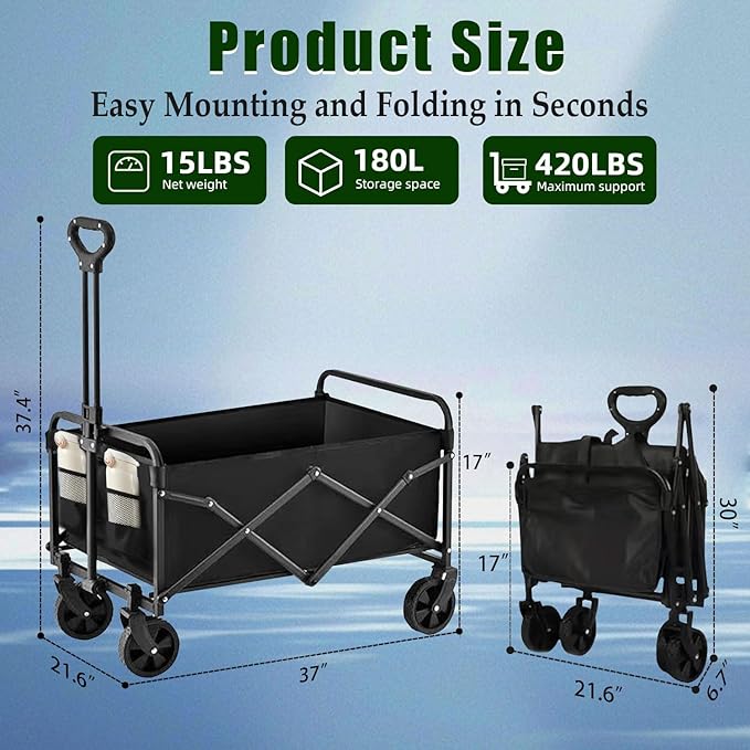 Collapsible Wagon Cart Foldable 37" L 420lbs Capacity, Heavy Duty Beach Wagon, Shopping Carts with Wheels for Grocery, Camping, Shopping, Beach, Fishing, Garden Cart