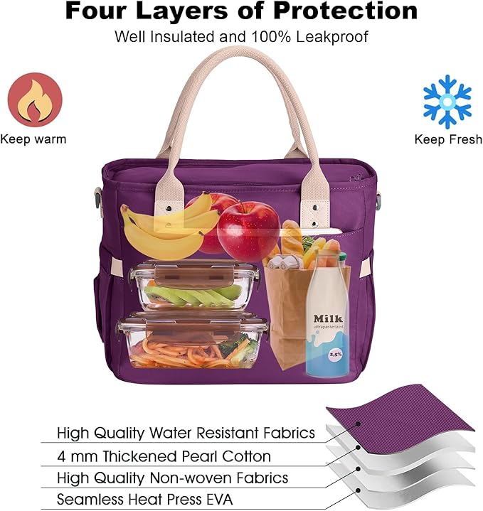 Hafmall Insulated Lunch Bag for Adults, Big lunch box for Womens, Wide Opening Insulated Tote Bag with Shoulder Strap, Reusable Adult Lunch Bag For Work, Picnic(Purple)