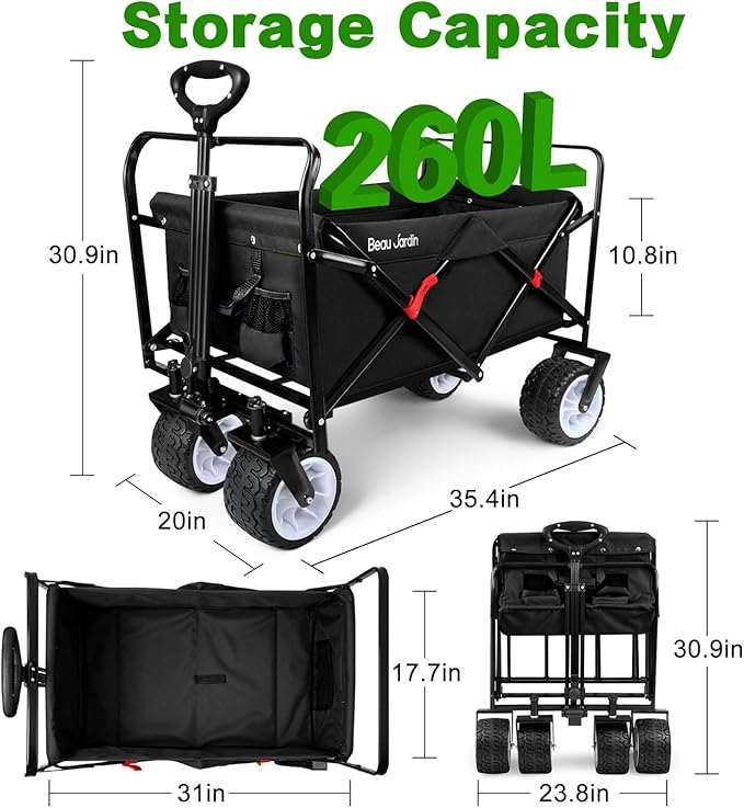 BEAU JARDIN Collapsible Folding Beach Wagon 460lbs Foldable Wagon Cart with All Terrain Big Sand Wheels Heavy Duty Utility Grocery Cart for Camping Garden Sports Shopping Black