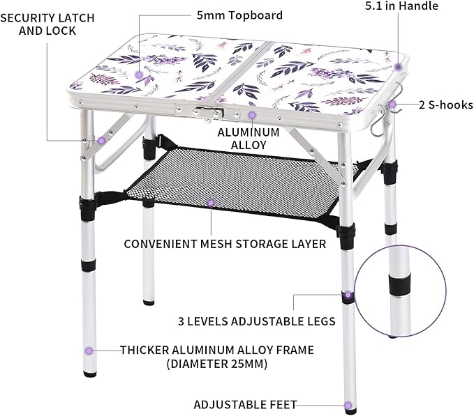 Folding Camping Table 2ft Portable Pinic Table Adjustable Height Small Card Table Aluminum Foldable Lightweight with Carry Handle for Outdoor Indoor Hiking Camp BBQ Beach (Misty Lilac)