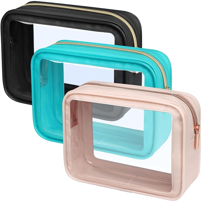 PACKISM TSA Approved Toiletry Bag - 3 Pack Upgrade Color-Edged Clear Makeup Bag, Clear Toiletry Bag For Traveling Fits Various Storage Needs, Black/Pink/Turquoise
