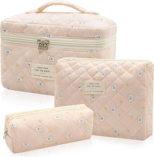 3pc Makeup Bag Set, Quilted Makeup Bag Set, Large Floral Cosmetic Bag for Women, Cute Cotton Makeup Bags, Flower Travel Toiletry Organizer Bag (Star White Rabbit)