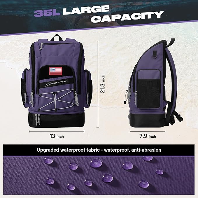 Maelstrom Swim Backpack,35L Swimming bag with Separate Shoes Compartment,Swim Gear Bag,Athlete Gym Rucksack for Men and Women