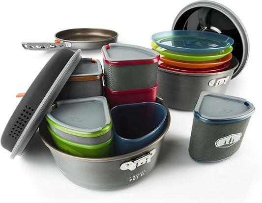 GSI Outdoors Pinnacle Ceramic Camper Cookware Set, 4-Person Camping Cookware with Non-Stick Pots, Frypan, Bowls, Plates & Nesting Design