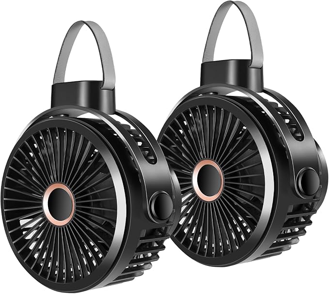 Odoland 2 Packs 10000mAh Camping Rechargeable Fan with Hanging Hook Carabiner, Portable Battery Operated Tent Fan, Quiet Strong Airflow, Outdoor USB Desk Fan for Picnic Travel Barbecue Fishing