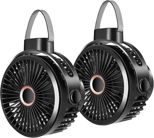 Odoland 2 Packs 10000mAh Camping Rechargeable Fan with Hanging Hook Carabiner, Portable Battery Operated Tent Fan, Quiet Strong Airflow, Outdoor USB Desk Fan for Picnic Travel Barbecue Fishing