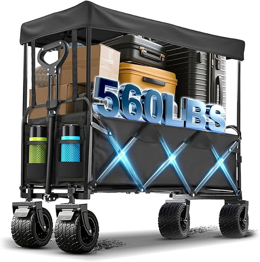 350L Large Capacity Foldable Wagon with Removable Canopy & Brakes, 560lbs Heavy Duty Collapsible Wagon Cart with Push Handle All-Terrain Big Wheels for Camping, Sports, Shopping, Beach