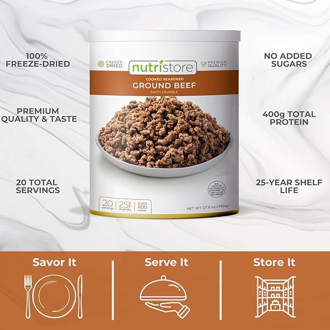 Nutristore Freeze Dried Ground Beef | Pre-Cooked Hamburger Meat for Backpacking, Camping, Meal Prep | Long Term Survival Emergency Food Supply | 25 Year Shelf Life | Bulk #10 Can | Made in USA