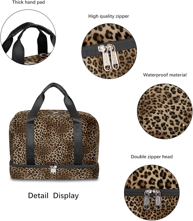 TropicalLife Leopard Print Waterproof Duffel Bag, Sports Tote Gym Bag, Animal Print Weekender Overnight Bag with Shoes Compartment for Men Women