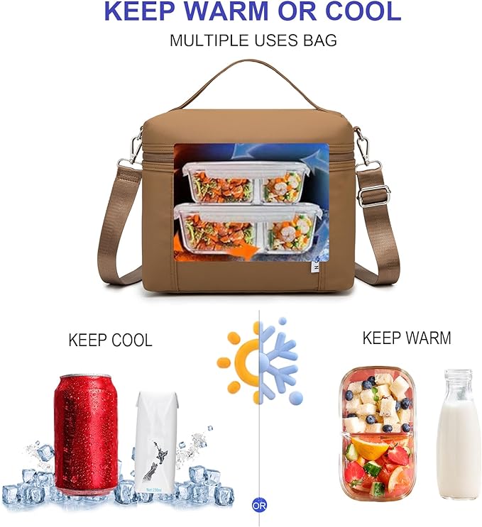 NOL Natural Organic Lifestyle Insulated Lunch Bags for Women Cooler Bag Lightweight Nylon Waterproof Lunch Box For Work (Medium(normal),Brown