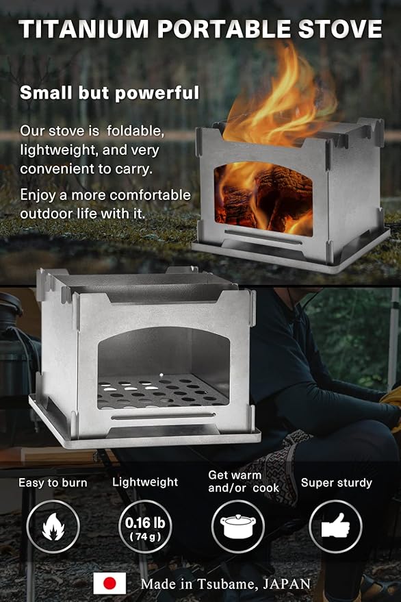 Outdoor Camping Stove - Portable Ultralight Compact Hiking Survival Backpacking Japanese Titanium Wood Stove 0.16lb Made in Japan