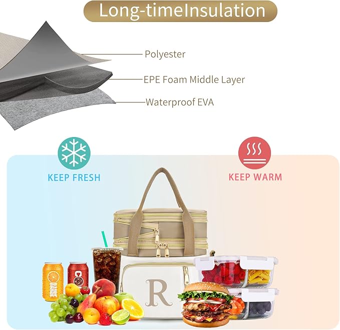 LOKASS Personalized Lunch Bag for Women Work, 16L Initial Insulated Lunch box for Adult/Womens Gift, Leakproof Personalized Gift Lunchbag with Adjustable Shoulder Strap, Cooler Bag Beige - H
