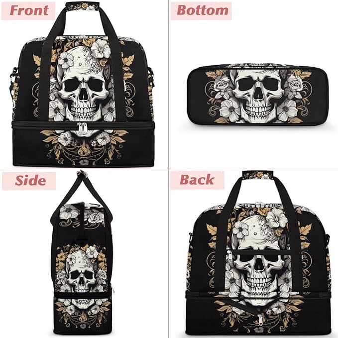 cfpolar Woman Travel Duffel Bag Vintage Flower Skull Foldable Tote Carry On Luggage Sports Gym Bag With Shoe Compartment Overnight Weekend Yoga Workout Bag Training Handbag