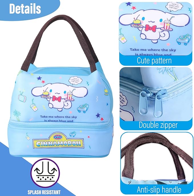 Kawaii Insulated Lunch Bag for Women Men, Cute Reusable Large Capacity Lunch Box, Double Compartment Container Lunch Tote Bag, Thermal Cooler Bag Food Handbags for Work Travel (Blue)