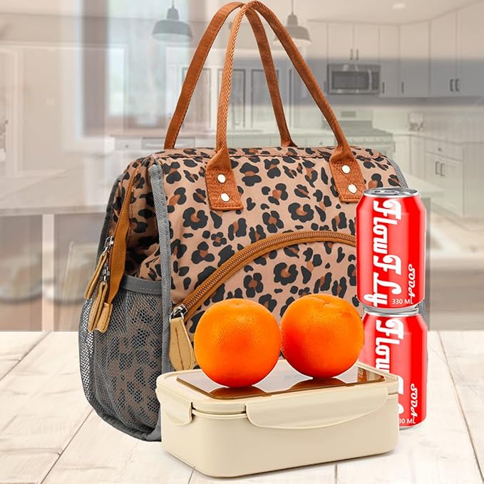 FlowFly Insulated Lunch Bag Wide-Open Lunch Box Large Tote Leakproof Cooler with Drink Holder and Multi Pockets for Women Men Adult Kids Work Picnic Travel Beach Hiking, Leopard
