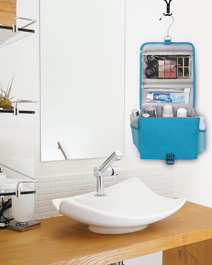 Relavel Hanging Toiletry Bag for Women and Men, Small Travel Bag for Girls Compact Size with Multiple Compartments Waterproof Travel Kit Wash Bag Makeup Storage Organizer Gym Shower Bag Blue