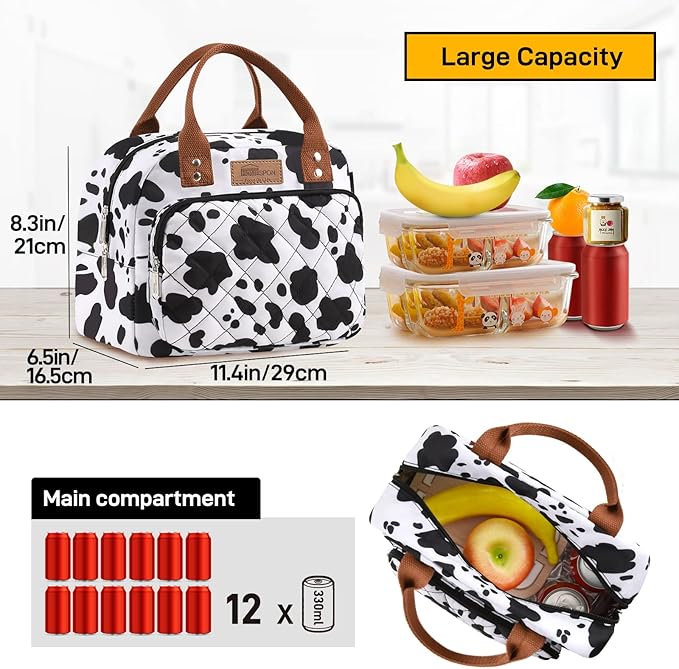 Buringer HOMESPON Lunch Bag for Woman Man Adults with Front Pocket Insulated Lunch Tote Lunch Box Container for Work Picnic or Travel（Cow）