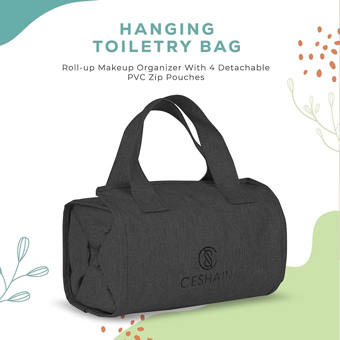 4-in-1 Hanging Toiletry bag - Roll-Up Makeup Bag - 4 Detachable PVC Zip Pouches – 600D Oxford Fabric, Versatile Travel Toiletry Organizer Bag - Makeup, Cosmetics, First Aid, Medicine Personal Care,…