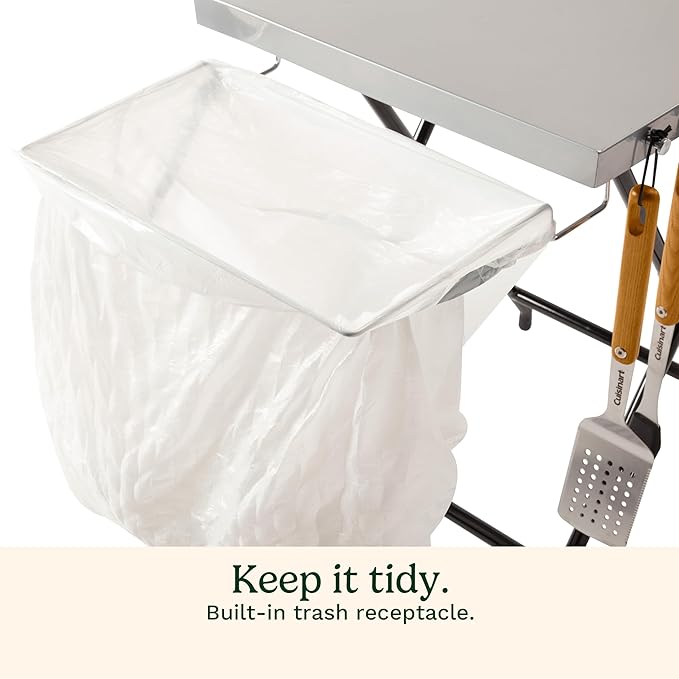Cuisinart Fold ‘n Go Prep Table, Portable Folding Table and Grill Stand with Tool hooks, Trash Bag Holder, Paper Towel Rack, 24” x 20” Steel Food Prep Station Perfect for BBQs, Tailgates and Camping