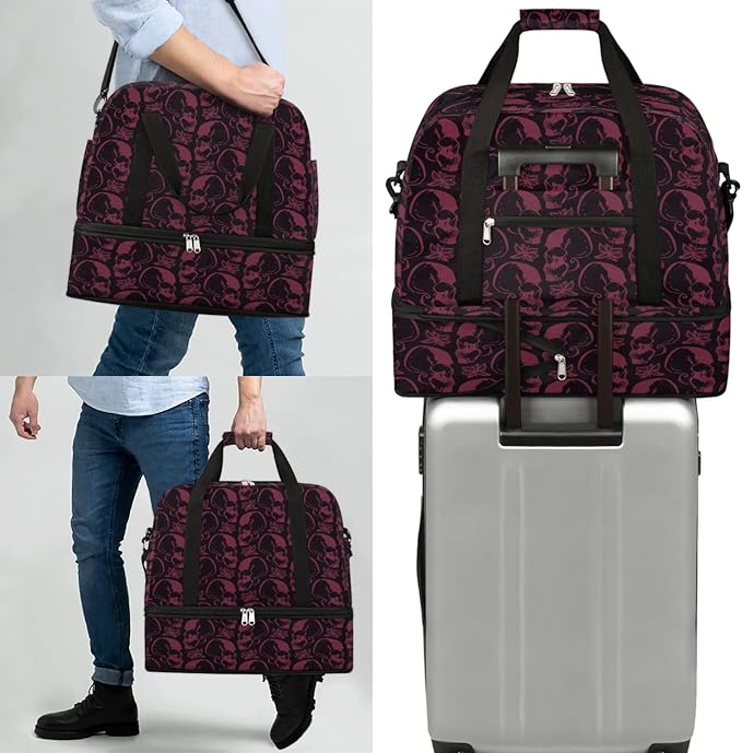 Halloween Spooky Skull Foldable Travel Duffel Bag Tote Carry On Luggage Sports Gym Bag With Shoe Compartment For Woman Man Overnight Weekend Yoga Workout Bag Training Handbag