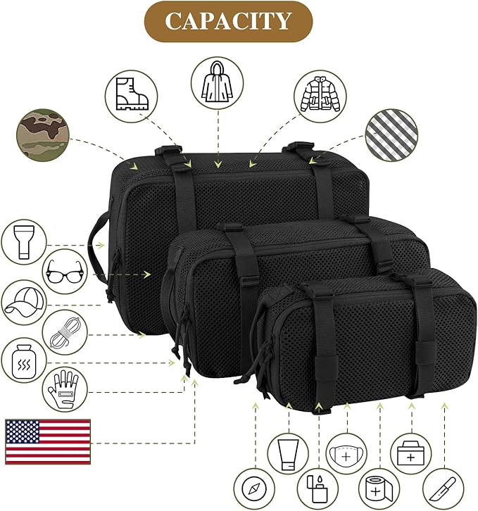 PETAC GEAR 3 PCS Tactical Modular Packing Cubes, Large Capacity Mesh Storage Bag,Outdoor Travel Organize Storage Pouches Bags.