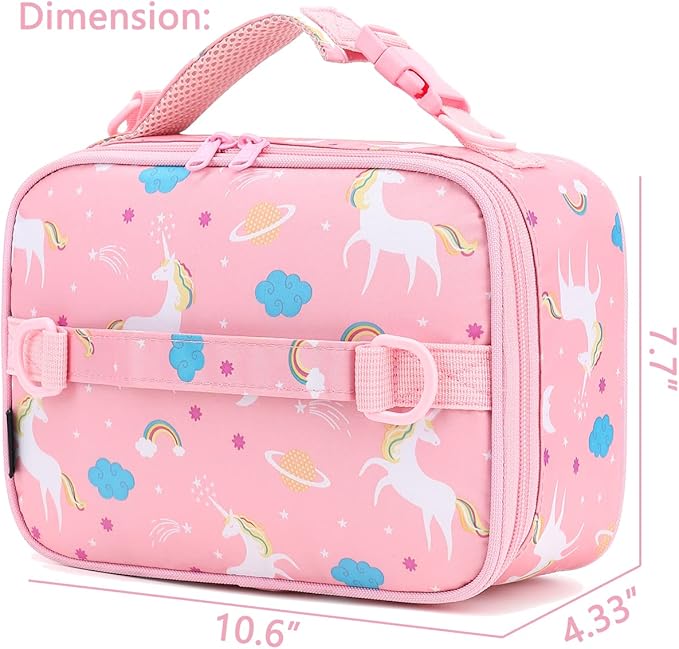 FlowFly Kids Lunch Bag, Durable Insulated School Lunch Box with Shoulder Strap and Bottle Holder, Water-resistant Thermal Small Lunch Cooler Tote for Teen Boys & Girls,Pink#Unicorn