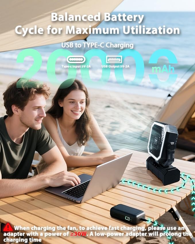 20000mAh Portable Camping Fan, Rechargeable Battery Operated Oscillating Tent Fan W/Bluetooth Speaker, 4 Speeds, LED lights & 360° Rotation Hook for Outdoor RV Travel Essentials, Black