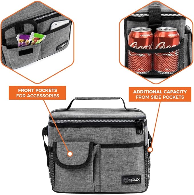 opux Insulated Lunch Bag for Men Women, Leakproof Heather Gray Lunch Box for Work, Portable Soft Lunch Cooler Bag with Shoulder Strap, Adult Lunchbox Lunch Pail for Kid Boy Girl School, 14 Can/8L