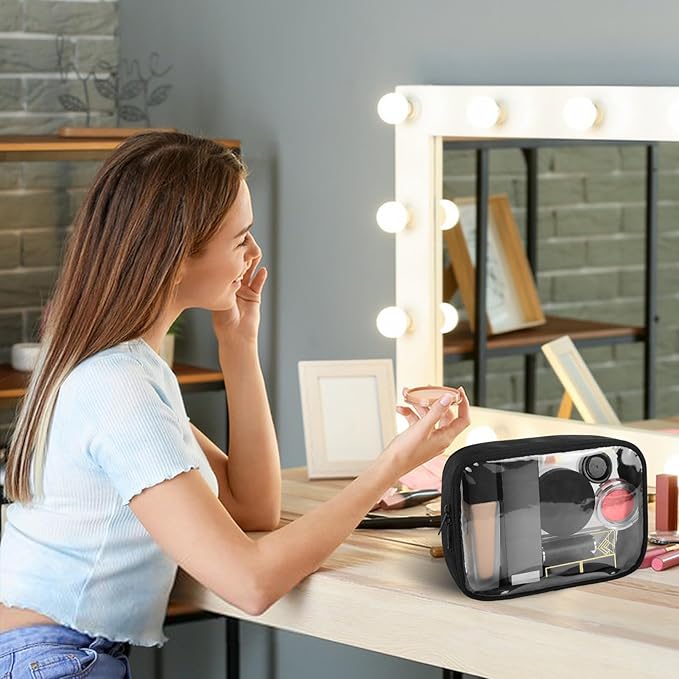 Moyad TSA Approved Clear Toiletry Bag, 2 Pack Quart Size 3-1-1 Liquids Pouch for Travel, Transparent Makeup & Cosmetic Organizer for Women Men, Black