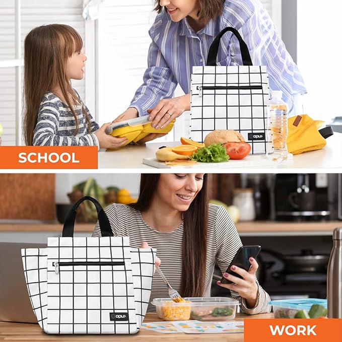 opux Lunch Bag for Women, Insulated Lunch Box Tote for Girls Kids Adult School Work, Reusable Womens Lunch Tote for Office Travel, Cute Small Lunch Tote, Fits 12 Cans - Checker Plaid White
