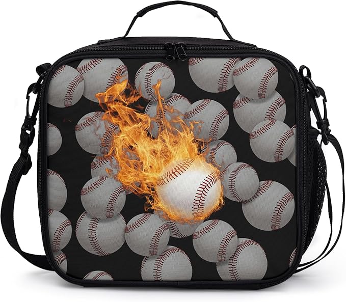 Fire Baseball Sport Pattern Lunch Bag Fire Sport Black Lunch Boxes for Women/Man Office Work Travel School Work Picnic Durable Reusable Insulated Large Lunch Tote Bag with Adjustable Shoulder Strap