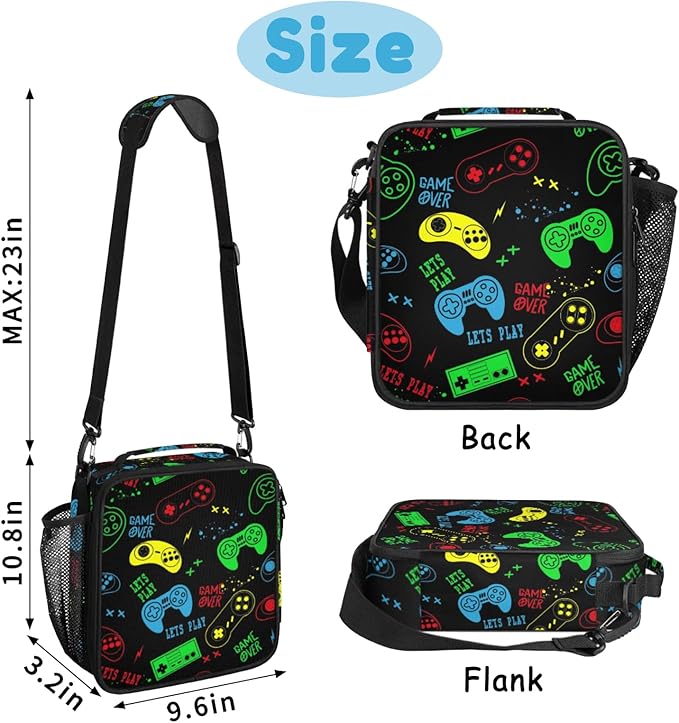 Insulated Lunch Bag for Boys - Reusable Lunch Box Water-Resistant Thermal Cooler Meal Tote Bag with Water Bottle Holder for School Picnic Travel (Colorful Video Game)