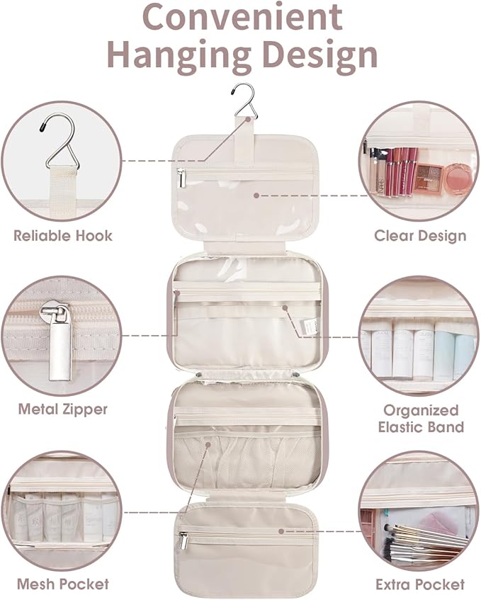 Travel Toiletry Bag for Women Large Hanging Makeup Bag Organizer Toiletries Bag for Full Size Essentials Accessories Cosmetics (Dusty Rose (Large))