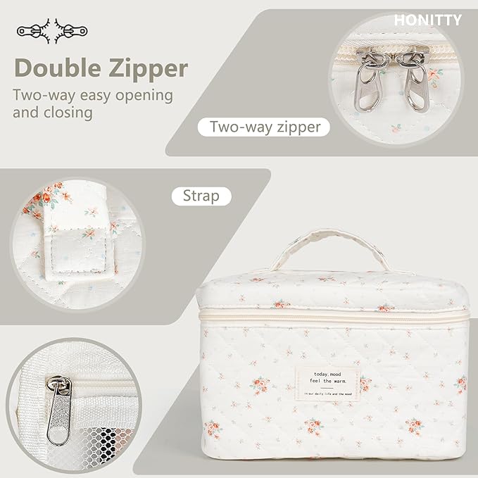 Makeup Bag,Quilted Cosmetic Bags,Large Floral Make Up Organize bag,Makeup Bag Set for Women,Flower Travel Toiletry Bag