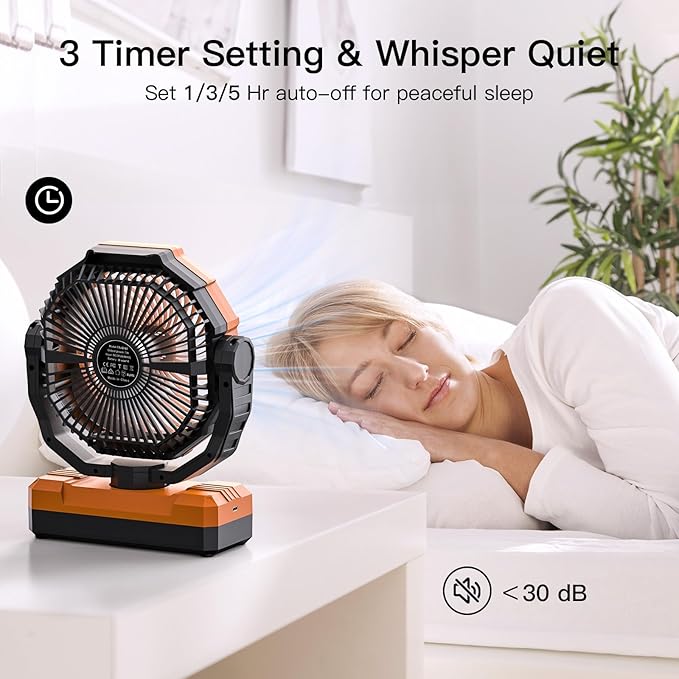 FRIZCOL 3-in-1 Camping Fan - Portable Fans Rechargeable - 24000mAh Battery Powered Fan(140Hrs) with Light & Remote for Indoor, Outdoor, Tent, Travel, BBQ, Fishing, Jobsite - Orange