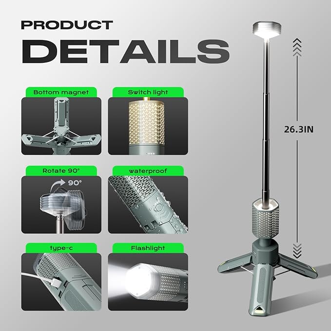 Camping Light, Telescopic Camping Lantern with Storage Bag, Collapsible, Magnetic, 10500mAh Battery, Rechargeable Outdoor Portable Lights for Hiking, Fishing, and Travel (Dark Gray)