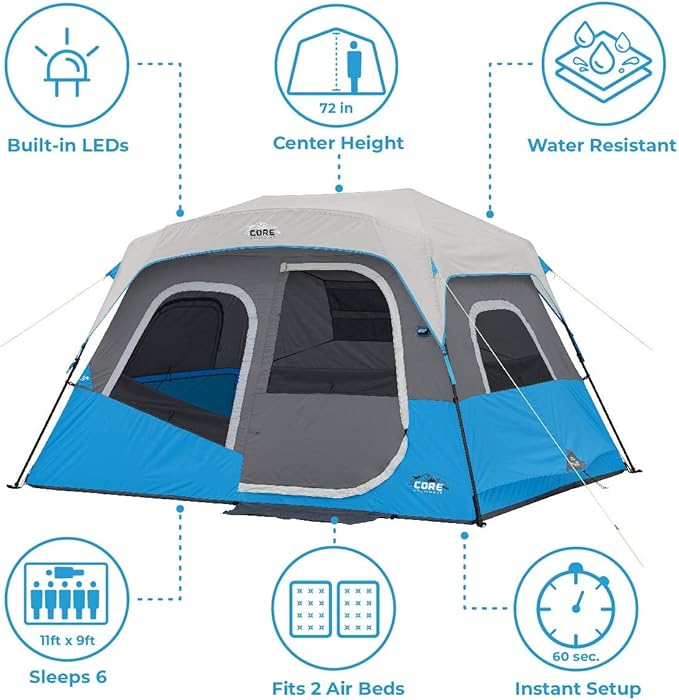 CORE Instant Cabin Tents with LED Lights | 6 Person / 9 Person / 12 Person Family Multi Room Lighted Pop Up Tents for Camping | Included Storage Pockets for Camping Accessories