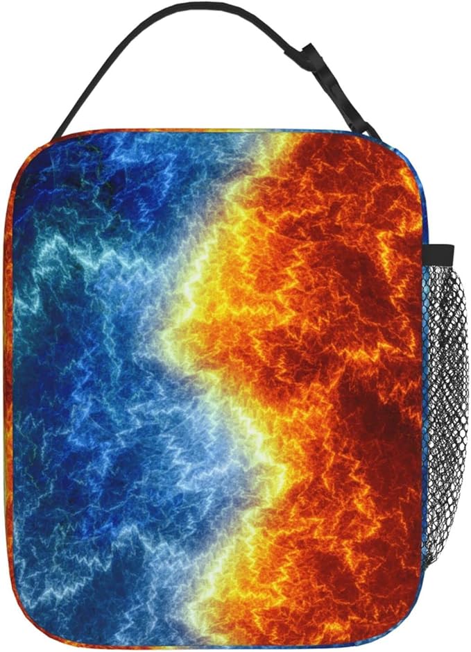 SARA NELL Cool Fire and Ice Abstract Fractal Lightning Insulated Lunch Bag Fire and Ice Lunch Cooler Box for Women Men Teens Kids, Reusable Lunch Tote Bag for Work, Picnic, School or Travel