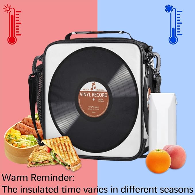 Pardick Music Record Black Kids Lunch Bag Retro Music Vinyl CD Insulated Lunch Box Mini Cooler Back to School Thermal Meal Tote Kit Bento Tote Bags Thermal Lunchbox for Boys Girls