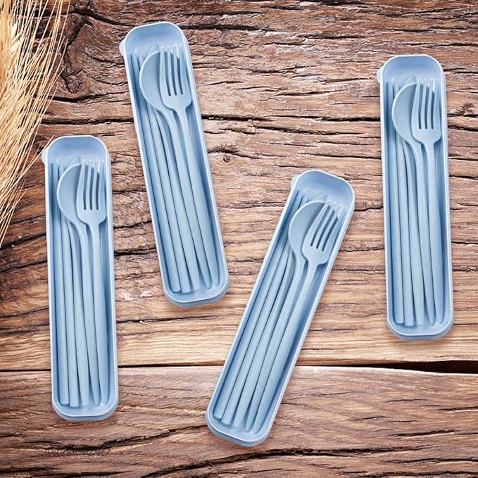 ELANE 4 Sets Reusable Travel Utensils Set with Case,Camping Cutlery Set Reusable Cutlery Set with Case,Utensil Sets for Lunch Picnic Daily Use Outdoor (lightblue)