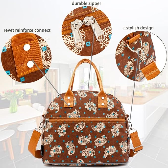 FlowFly Insulated Lunch Bag With Shoulder Strap for Women, Men, and Kids, Large and Reusable, Handle, Freezable Work and School Travel Tote and Meal Prep Organizer,Cashew