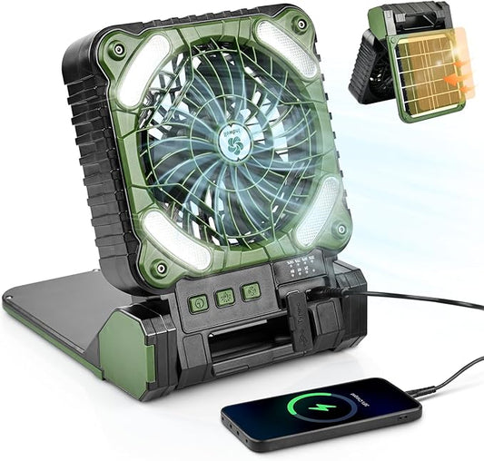 Indwell Portable Solar Camping Fan with LED Lantern - Rechargeable Battery Powered 5200mAh, Power Bank Function 4-Speed Cooling Dual Solar USB-C Charging Foldable for Outdoor Camping, Tent & Travel