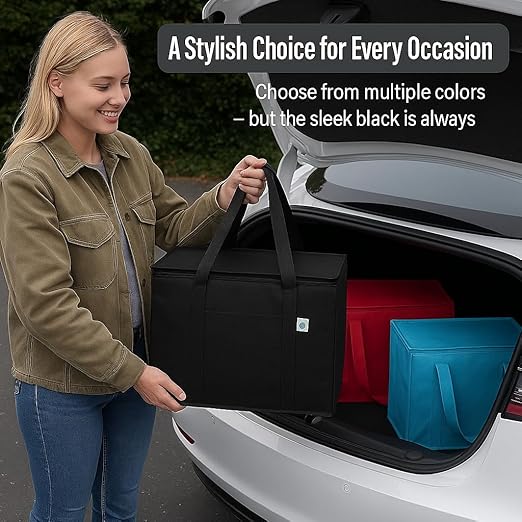 musbus 2-Pack, XL-Large Insulated Grocery shopping bags, Black, reusable bag,thermal zipper,Collapsible,tote,cooler,food transport hot and cold,camping, delivery groceries freezer